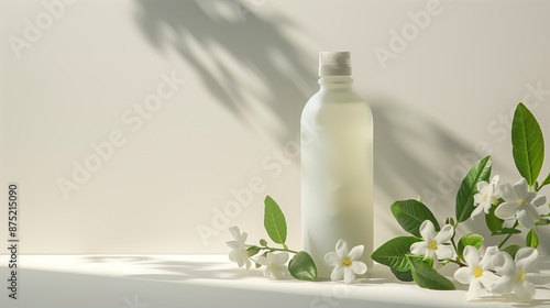 A bottle of body wash surrounded by gardenias flowers on a white background. © Ailee Tian