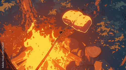 Scene, close-up, illustration of grilling marshmallow skewers with direct fire on bonfire
