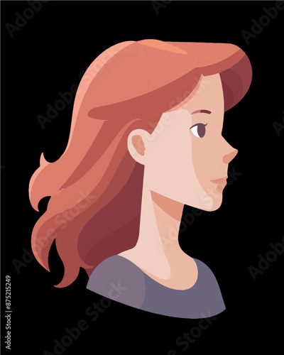 Girl with light brown hair right side profile picture. Professional character portrait icon vector art isolated on a transparent background.