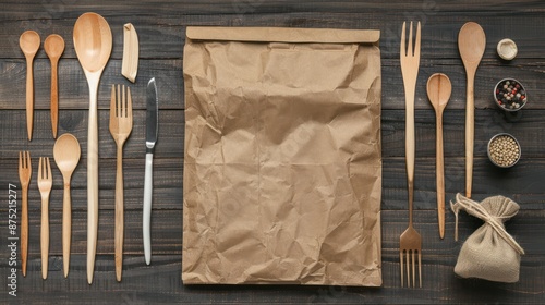 Eco-Friendly Kraft Paper Food Packaging on Rustic Wood Table with Copy Space, 4K Resolution, Generative Ai