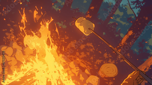 Scene, close-up, illustration of grilling marshmallow skewers with direct fire on bonfire