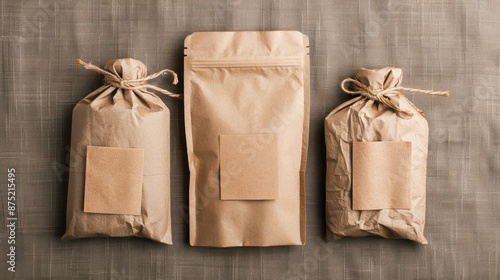 Eco-Friendly Kraft Paper Food Packaging on Natural Fabric Background in 4K Resolution - Versatile and Sustainable Concept, Generative Ai