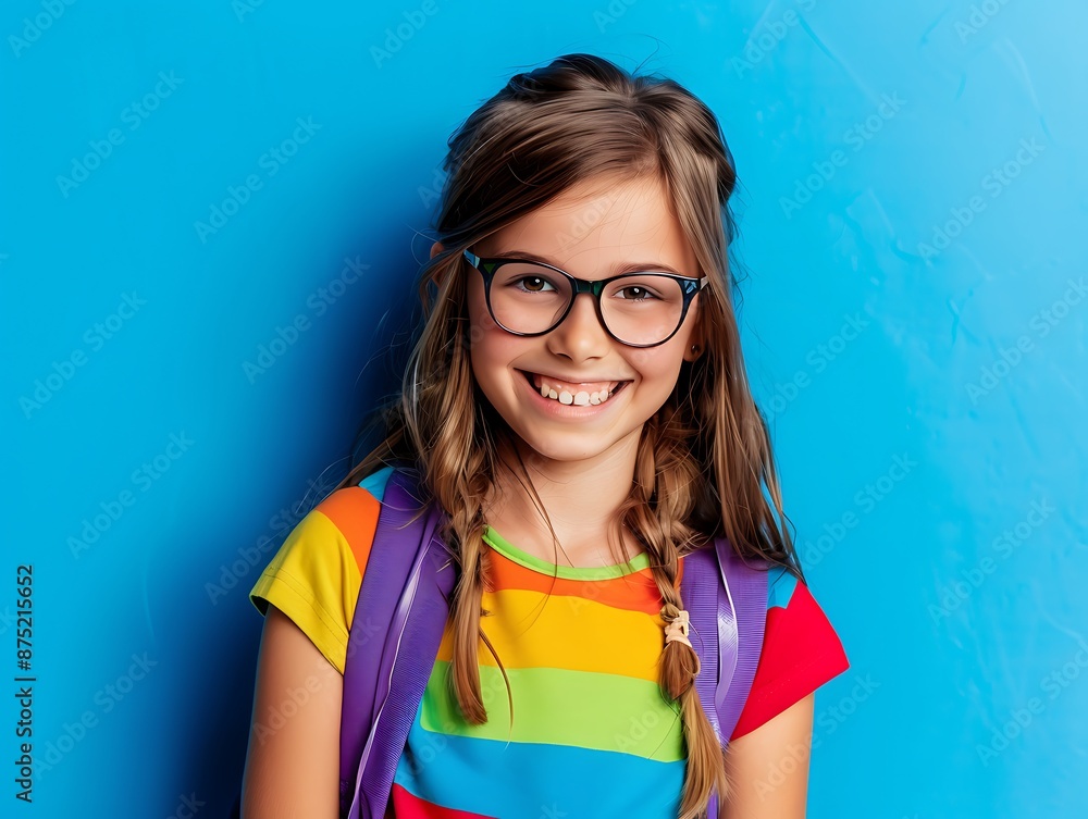 Girl with glasses, smiling, colorful school clothes, blue background, backpack on, copy space, vibrant and bright. Girl with glasses, smiling, colorful school clothes, blue background, backpack on, copy space, vibrant and bright.