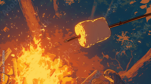 Scene, close-up, illustration of grilling marshmallow skewers with direct fire on bonfire