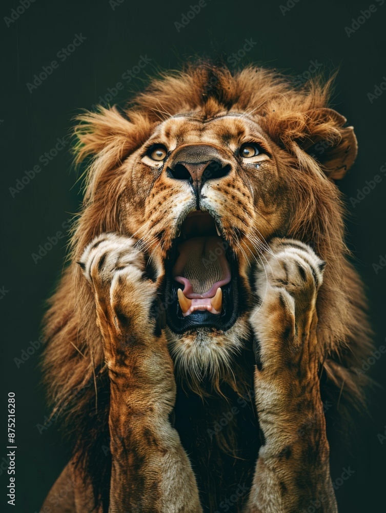 Fototapeta premium A very surprised and shocked lion with its mouth open and paws touching its head. Funny inspired animal
