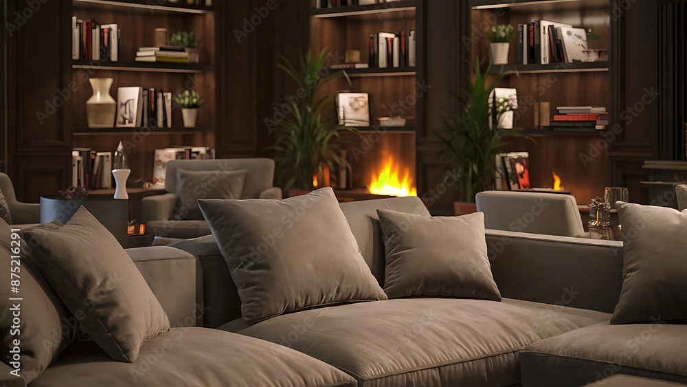 Elegant living room interior with a grey sofa, wooden shelves Elegant living room interior with a grey sofa, wooden shelves
