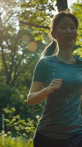 Close-Up of a Woman Running in the Park, Capturing the Essence of Outdoor Exercise and Fitness Activities, Perfect for Health and Wellness Promotions photo