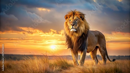 Fototapeta Naklejka Na Ścianę i Meble -  Majestic lion standing proudly in the savannah, lion, panthera, wildcat, feline, predator, mane, safari, Africa, wildlife