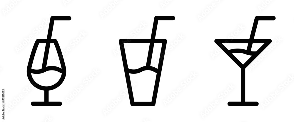 Vector illustration of three different black outline drink icons, including a cocktail glass, a tall glass with a straw, and a martini glass, on a white background. Editable stroke. Vector illustration of three different black outline drink icons, including a cocktail glass, a tall glass with a straw, and a martini glass, on a white background. Editable stroke.