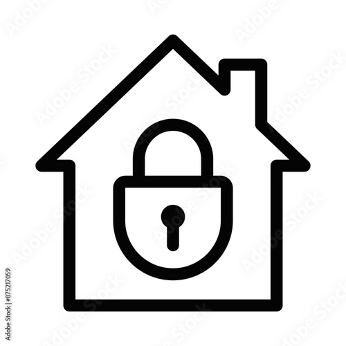 Minimalist vector illustration of a house with a padlock in black and white. Editable stroke.