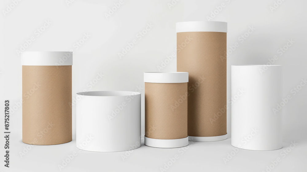 Blank white paper sheet, blank A4 portrait, blank kraft round package box, round tube, gift box. Blank white paper sheet, blank A4 portrait, blank kraft round package box, round tube, gift box.