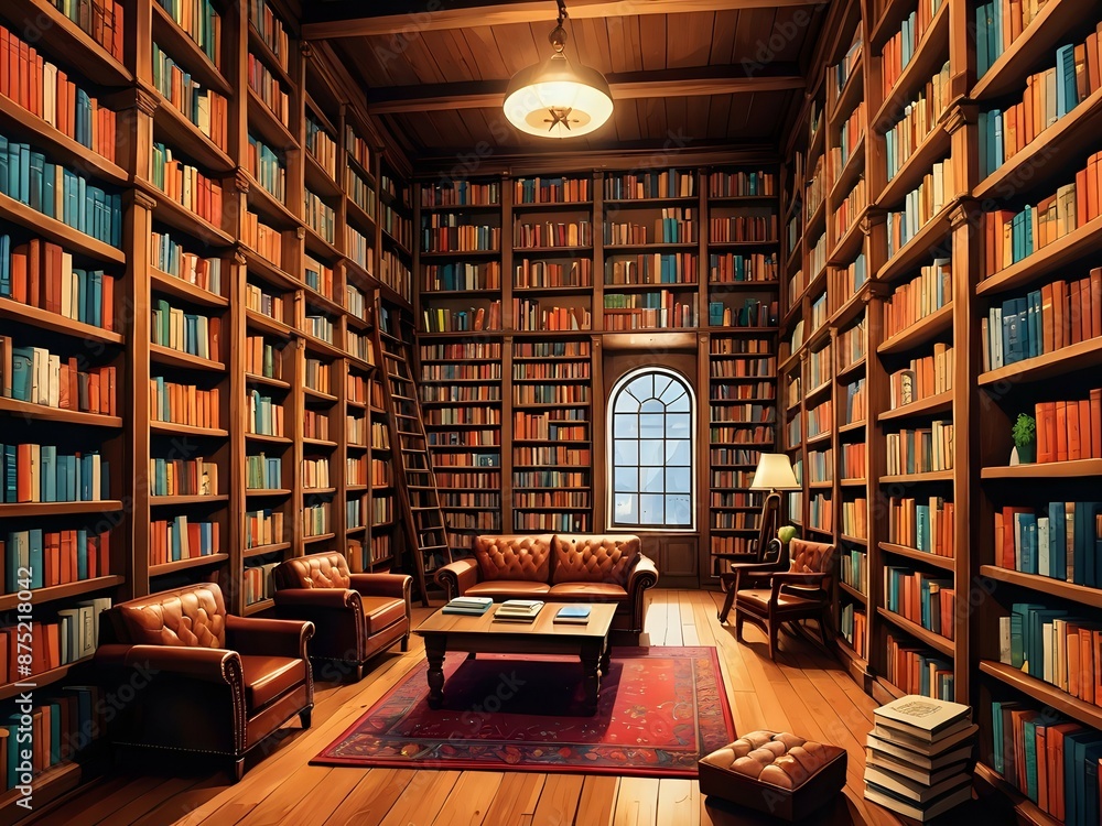 Cozy library with warm lighting and a fireplace. Cozy library with warm lighting and a fireplace.