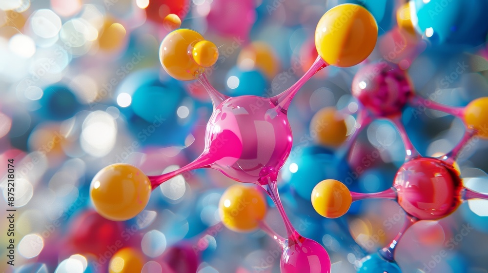 A close-up of a molecule model, with colorful atoms connected by bonds, representing a scientific concept of molecular structure and connectivity. A close-up of a molecule model, with colorful atoms connected by bonds, representing a scientific concept of molecular structure and connectivity.
