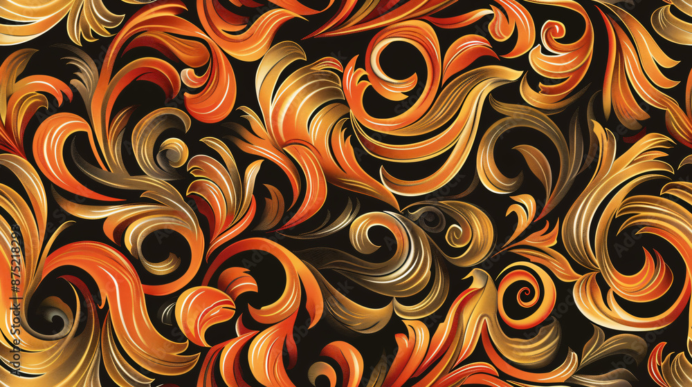 Seamless pattern with golden baroque floral ornaments flowing on black background Seamless pattern with golden baroque floral ornaments flowing on black background