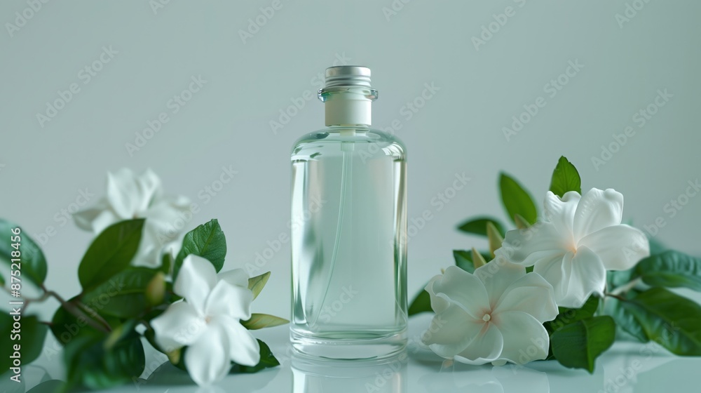 A bottle of body wash surrounded by gardenias flowers on a white background. A bottle of body wash surrounded by gardenias flowers on a white background.