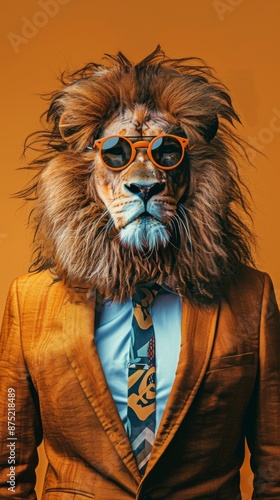 Cool Lion Wearing Stylish Fashion - Jacket, Tie, and Sunglasses, Posing Like a Supermodel Against a Solid Background, Perfect for Fashion and Animal-Themed Promotions photo