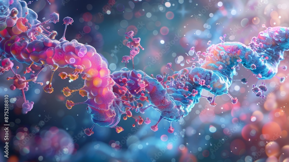 A diagram illustrating the process of protein synthesis, with ribosomes and tRNA molecules interacting to assemble amino acids into a functional protein. A diagram illustrating the process of protein synthesis, with ribosomes and tRNA molecules interacting to assemble amino acids into a functional protein.