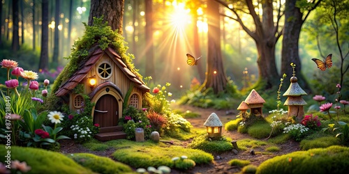 Enchanting fairy garden nestled in a magical woodland setting, magical, fairy, garden, woods, enchanted, mystical, whimsical