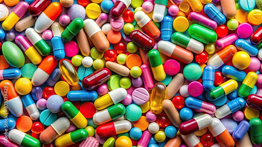 Vibrant background of colorful pills in various shapes and sizes, pharmaceutical, medicine, health, vitamins Vibrant background of colorful pills in various shapes and sizes, pharmaceutical, medicine, health, vitamins