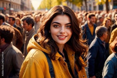Woman in yellow jacket standing out from large crowd of people in the middle of the street smiling