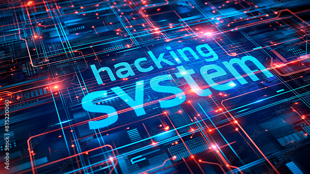 Glowing circuit board with ‘Hacking System’ text on circuit lines. Glowing circuit board with ‘Hacking System’ text on circuit lines.