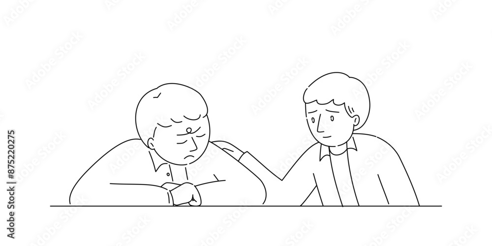 A worried man with kind friend in line drawing style. A worried man with kind friend in line drawing style.