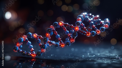 An artistic representation of the covalent bonding in a DNA molecule, with the iconic double helix structure and labeled nitrogenous bases, illustrating the genetic code.