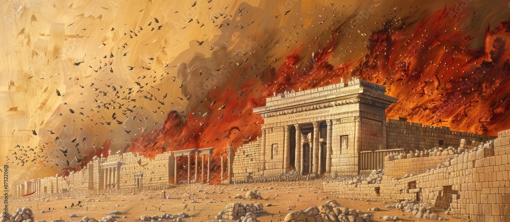 Fototapeta premium Tisha B’Av. The destruction of the Temple of Jerusalem engulfed in flames. Digital painting.