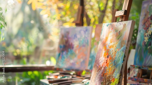 A serene painting workshop in an artist's studio overlooking a garden, Canvases filled with vibrant colors