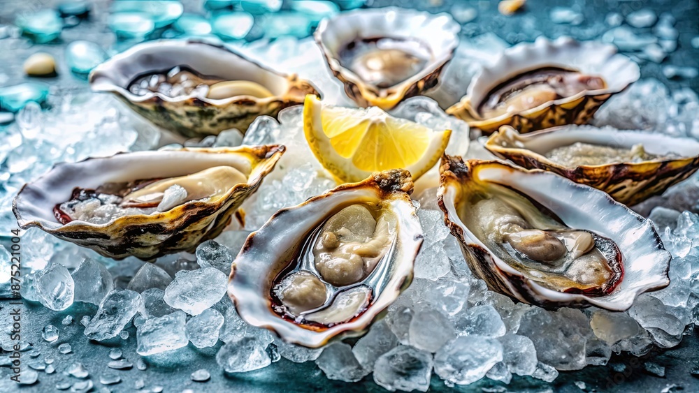 Close-up shot of fresh oysters on ice, showcasing their beautiful texture and natural colors, oysters, seafood Close-up shot of fresh oysters on ice, showcasing their beautiful texture and natural colors, oysters, seafood