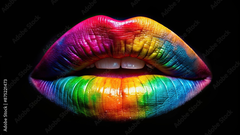 Close-up of colorful lips with vivid shades against a black background, vivid, lips, colorful, close-up, beauty, cosmetic Close-up of colorful lips with vivid shades against a black background, vivid, lips, colorful, close-up, beauty, cosmetic