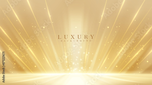 Elegant Gold Stage Scene with Glitter Light Effects, Decorations, and Bokeh. Luxury Background Design Concept. Vector Illustration.