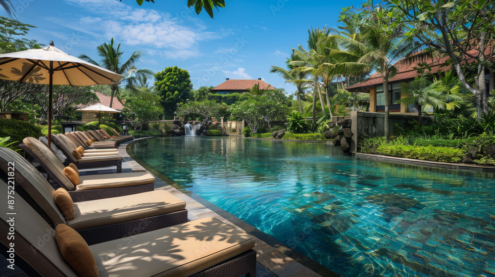 Conrad Hotel's poolside recliners invite guests to relax and soak up the sun in the tranquil garden setting, perfect for a luxurious holiday escape in Nusa Dua, Bali. Conrad Hotel's poolside recliners invite guests to relax and soak up the sun in the tranquil garden setting, perfect for a luxurious holiday escape in Nusa Dua, Bali.