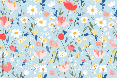 A seamless pattern of assorted wildflowers in red, white, yellow, and blue on a light blue background.