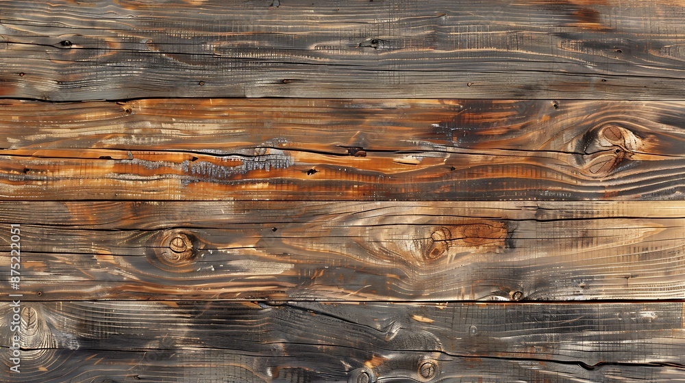 Naklejka premium Rustic Barnwood Planks with Weathered Texture, Knots, and Splits - Top View of Vintage Wooden Boards for Background or Design Element