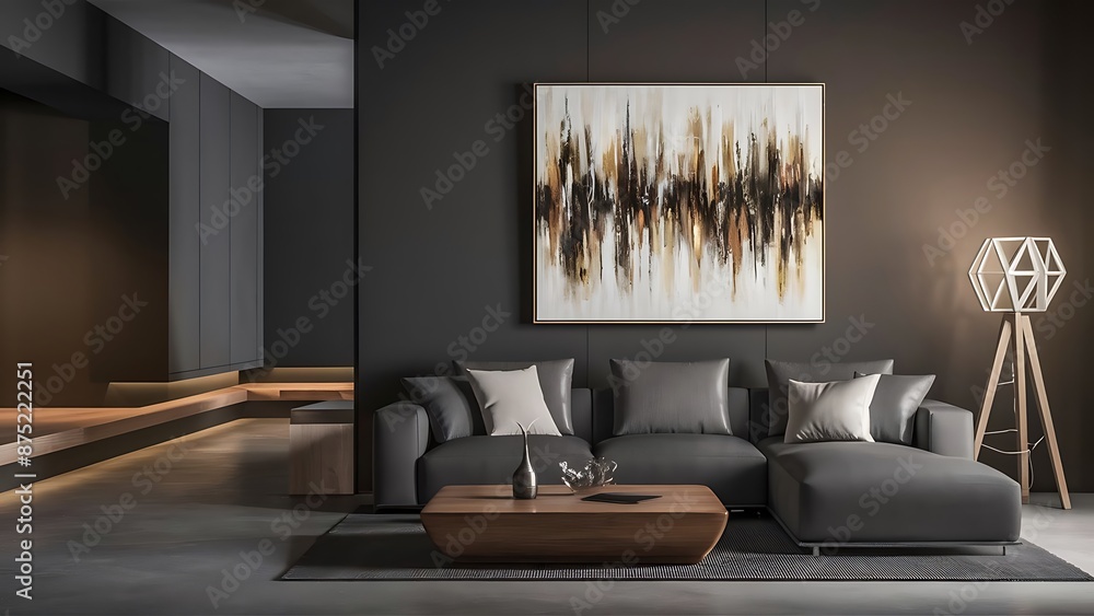 Modern living room interior, gray sofa on dark empty wall Modern living room interior, gray sofa on dark empty wall