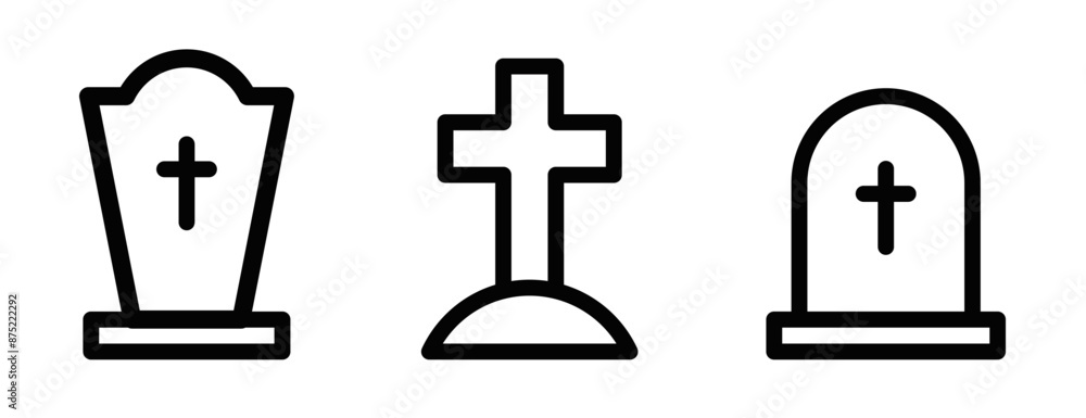 Vector illustration of three black outline tombstone icons with crosses, symbolizing graves and memorials, on a white background. Editable stroke. Vector illustration of three black outline tombstone icons with crosses, symbolizing graves and memorials, on a white background. Editable stroke.