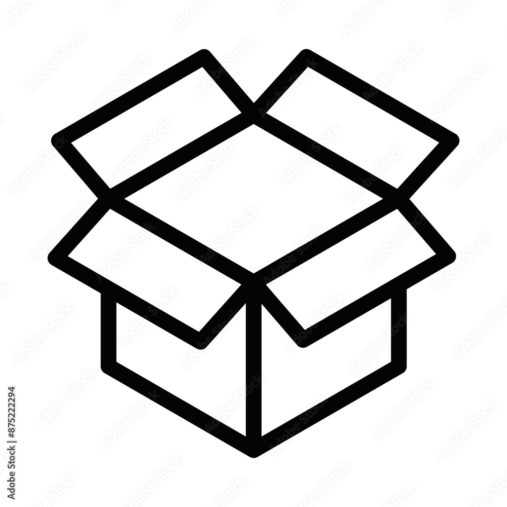 Vector illustration of a black outline open box icon, symbolizing packaging or storage, on a white background. Editable stroke. Vector illustration of a black outline open box icon, symbolizing packaging or storage, on a white background. Editable stroke.