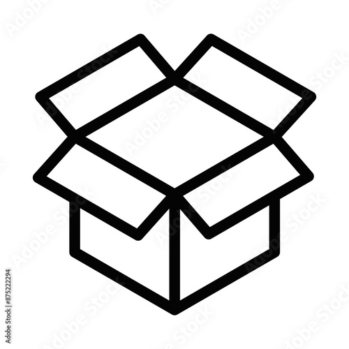 Vector illustration of a black outline open box icon, symbolizing packaging or storage, on a white background. Editable stroke.