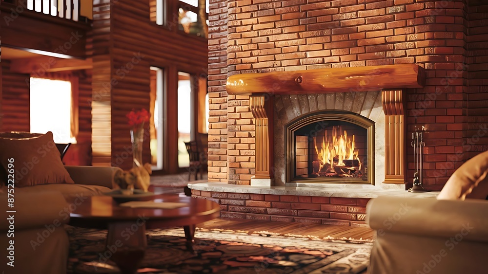Fireplace on brick wall in bright living room interior of house Fireplace on brick wall in bright living room interior of house