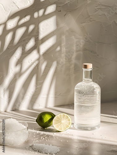 Tequila bottle for label layout with a lime slices and salt on a light background. Advertisement and branding, AI illustrations