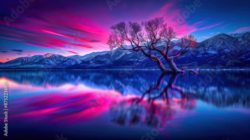 Stunning twilight view of a lone tree in a tranquil lake with vibrant sky reflections and breathtaking mountain backdrop.