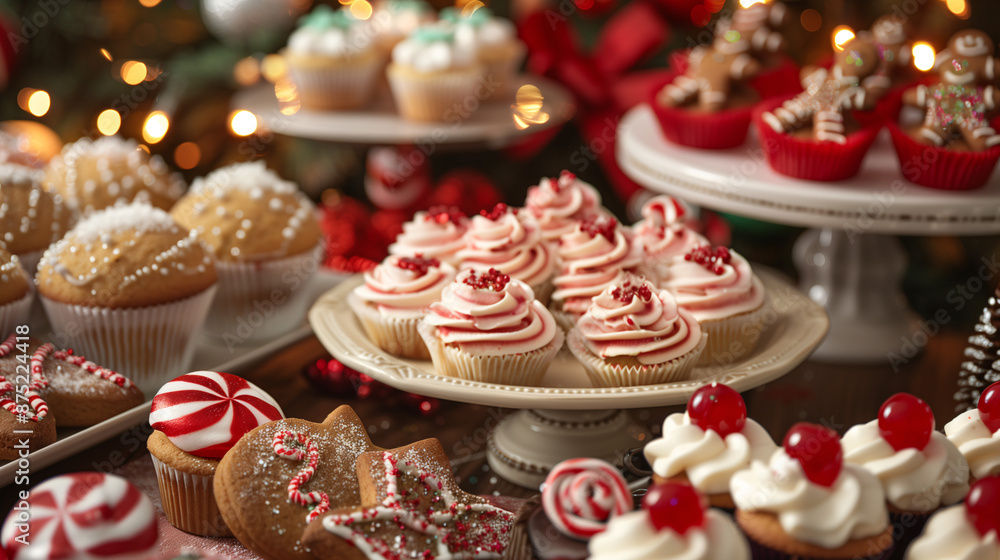 a holiday-themed dessert bar, featuring festive treats like gingerbread cookies, peppermint bark, and holiday cupcakes, set on a table with holiday decorations and twinkling lights a holiday-themed dessert bar, featuring festive treats like gingerbread cookies, peppermint bark, and holiday cupcakes, set on a table with holiday decorations and twinkling lights