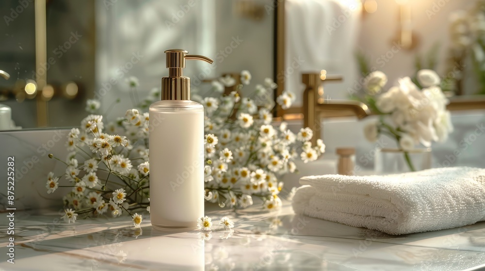 Luxurious shower gel bottle with a pump dispenser, placed on a marble bathroom counter, Luxurious shower gel bottle with a pump dispenser, placed on a marble bathroom counter,