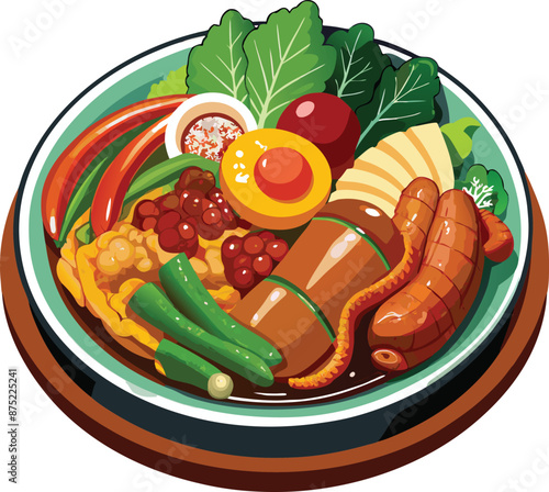 Steaming hot pot filled with fresh vegetables and meat cooking in broth