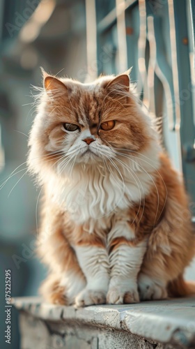 Funny Portrait of a Fluffy Grumpy Cat Outdoors, Capturing the Unique Expression and Charm of a Displeased Feline in a Natural Setting, Perfect for Pet Lovers and Humorous Themes photo