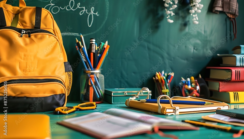 Green wall background, table with school supplies, backpack, books, copy space, back-to-school concept, high resolution. Green wall background, table with school supplies, backpack, books, copy space, back-to-school concept, high resolution.