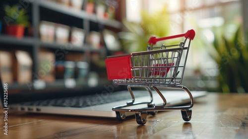 Wallpaper Mural Laptop with shopping cart on wooden table in home office with blurred background book case, purchase customer buy retail Torontodigital.ca