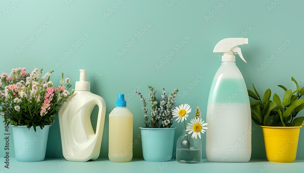 Bottles of Cleaning Products and Blooming Flowers on a Shelf Bottles of Cleaning Products and Blooming Flowers on a Shelf