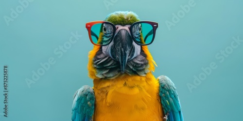 Humorous Studio Portrait of a Parrot Wearing Sunglasses, Capturing the Quirky and Fun Personality of the Bird, Perfect for Pet Lovers and Humorous Themes photo
